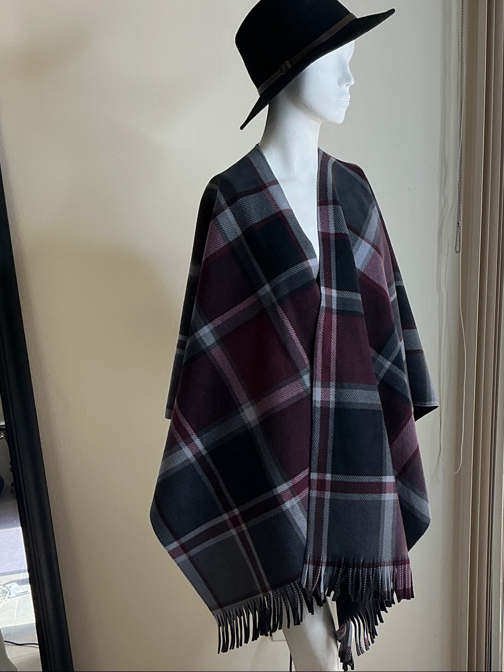 Rachel Zoe Black & Burgundy Plaid Fringe Cape